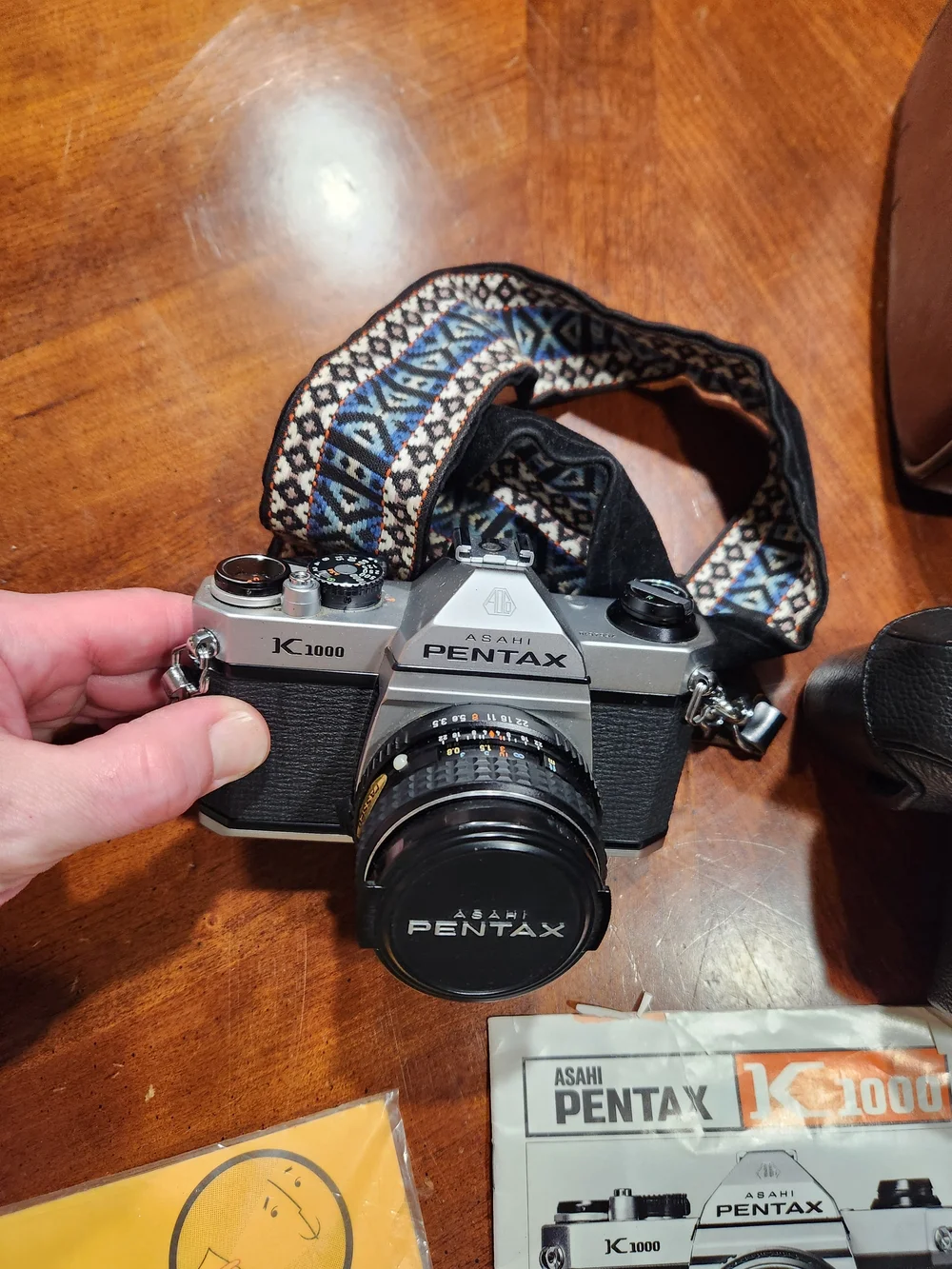 Vintage Pentax Camera Kit with Brown Leather Camera Bag and Black Lenses